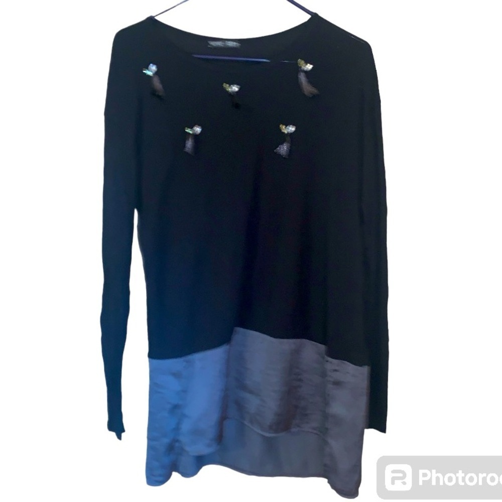 Zara woman collection size medium blouse tunic gems tassles embellishments black